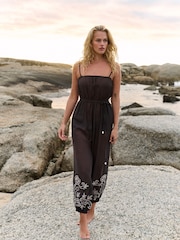 Friends Like These Chocolate Brown Embroidery Tie Waist Jumpsuit - Image 8 of 8