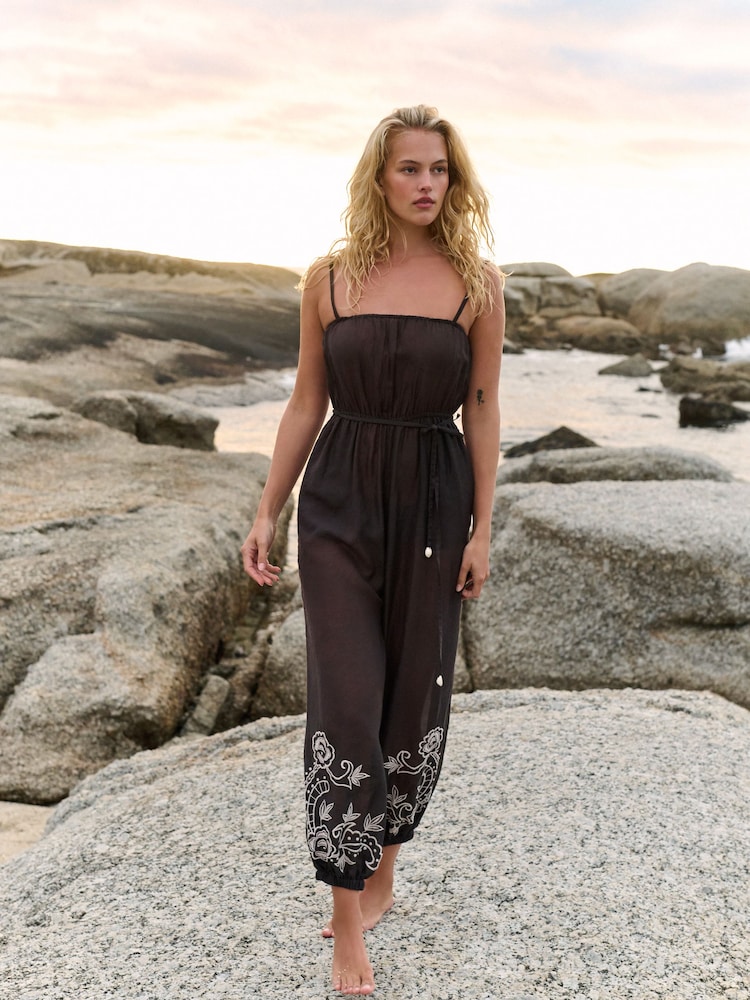 Friends Like These Chocolate Brown Embroidery Tie Waist Jumpsuit - Image 8 of 8