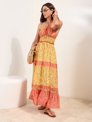 Friends Like These Pink/Yellow Bardot Tiered Ruffle Maxi Dress - Image 1 of 5