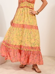 Friends Like These Pink/Yellow Bardot Tiered Ruffle Maxi Dress - Image 3 of 5