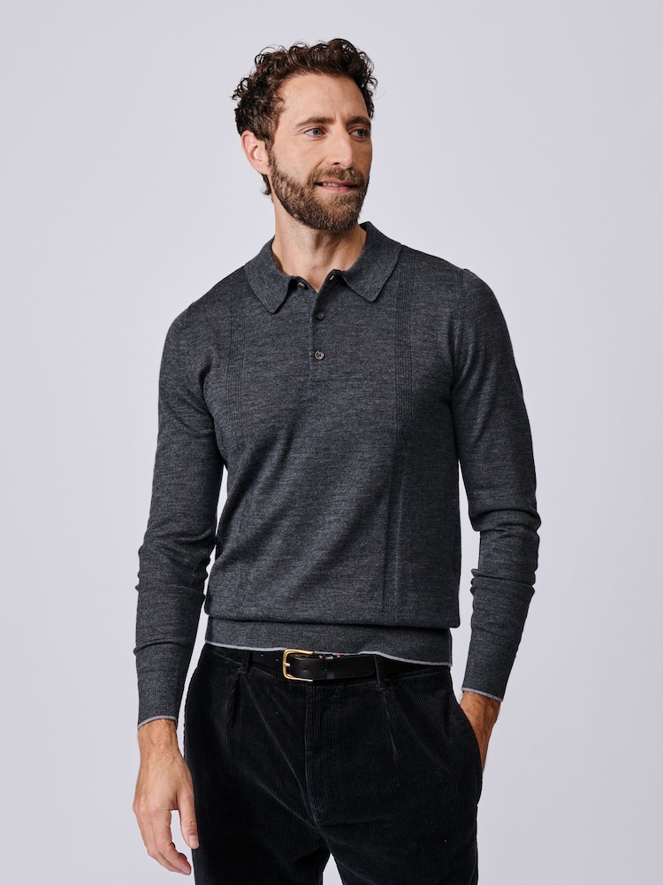 Aubin Grey Elm Merino Textured Long Sleeve Polo Jumper - Image 1 of 7