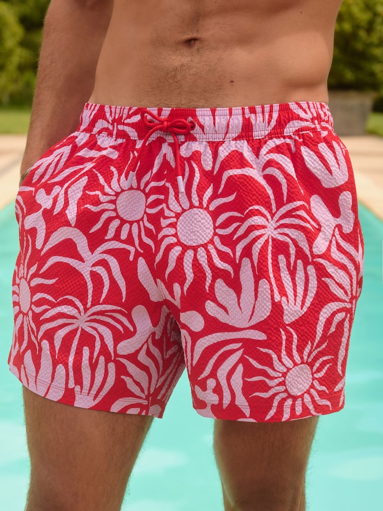 Red/Lilac Abstract Textured Print Swim Shorts 5" - Image 1 of 8 Red/Lilac Abstract Textured Print Swim Shorts 5" - Image 1 of 8