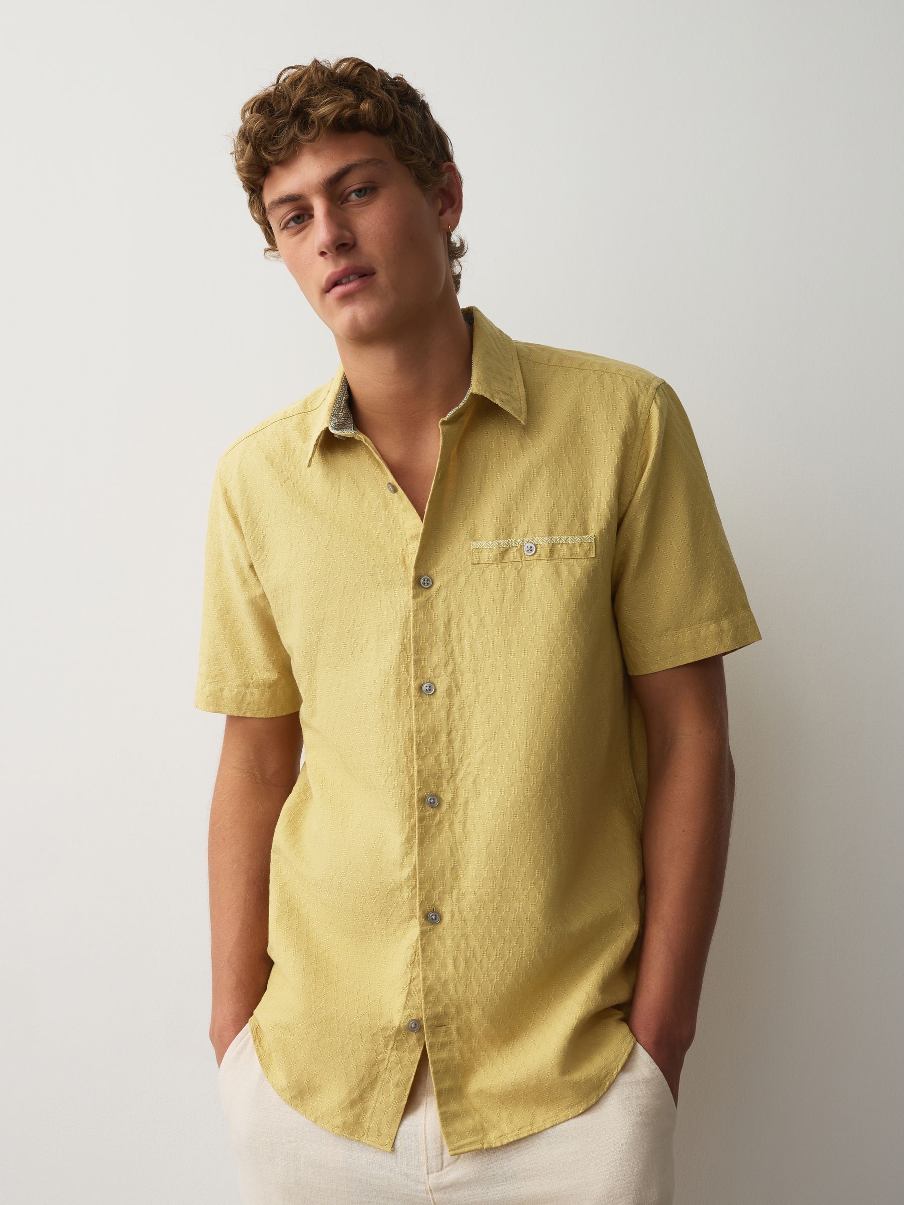 Buy Ochre Yellow Slim Fit Cotton Linen Blend Short Sleeve Trimmed