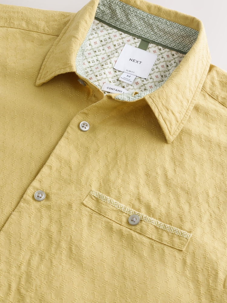 Ochre Yellow Slim Fit Cotton Linen Blend Short Sleeve Trimmed Shirt - Image 3 of 3 Ochre Yellow Slim Fit Cotton Linen Blend Short Sleeve Trimmed Shirt - Image 3 of 3