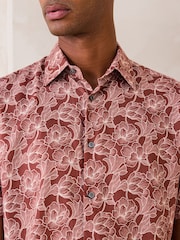 Rust Brown Floral Regular Fit Linen Viscose Blend Smart Short Sleeve Shirt - Image 4 of 4