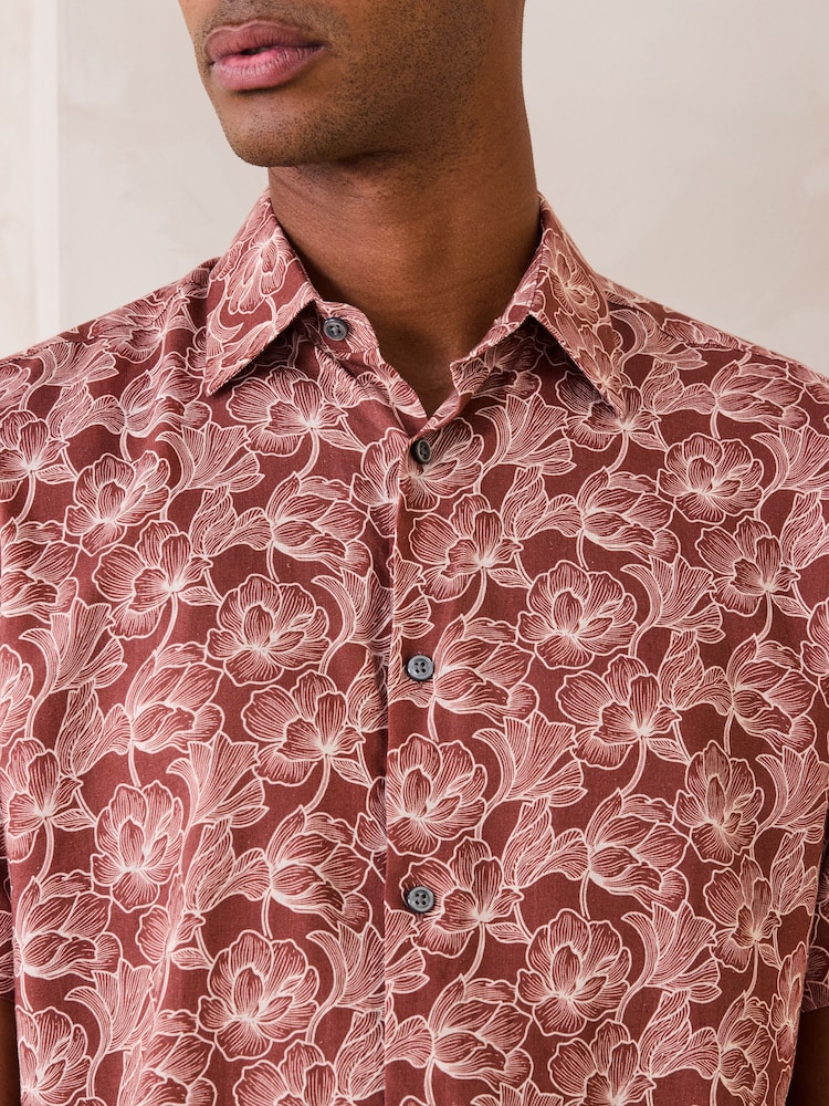Rust Brown Floral Regular Fit Linen Viscose Blend Smart Short Sleeve Shirt - Image 4 of 4