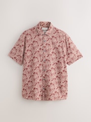 Rust Brown Floral Regular Fit Linen Viscose Blend Smart Short Sleeve Shirt - Image 5 of 7