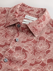 Rust Brown Floral Regular Fit Linen Viscose Blend Smart Short Sleeve Shirt - Image 7 of 7