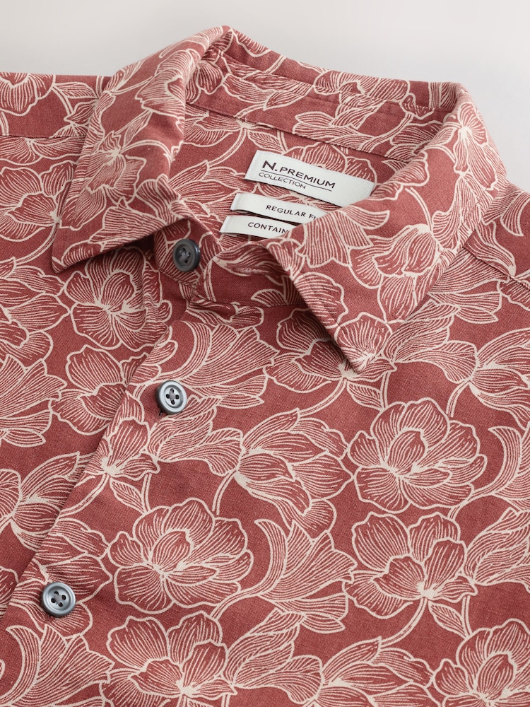 Rust Brown Floral Regular Fit Linen Viscose Blend Smart Short Sleeve Shirt - Image 7 of 7