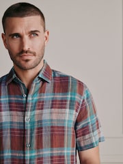 Purple/Green Signature Linen Check Short Sleeve Smart Shirt - Image 1 of 8