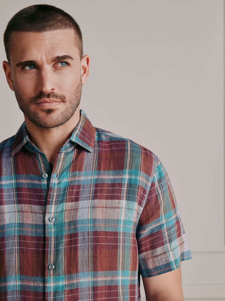 Purple/Green Signature Linen Check Short Sleeve Smart Shirt - Image 1 of 8 Purple/Green Signature Linen Check Short Sleeve Smart Shirt - Image 1 of 8