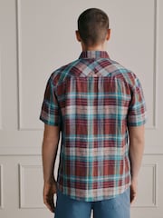 Purple/Green Signature Linen Check Short Sleeve Smart Shirt - Image 3 of 8