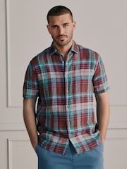 Purple/Green Signature Linen Check Short Sleeve Smart Shirt - Image 4 of 8
