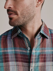 Purple/Green Signature Linen Check Short Sleeve Smart Shirt - Image 5 of 8
