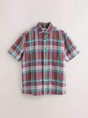 Purple/Green Signature Linen Check Short Sleeve Smart Shirt - Image 6 of 8
