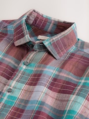 Purple/Green Signature Linen Check Short Sleeve Smart Shirt - Image 8 of 8