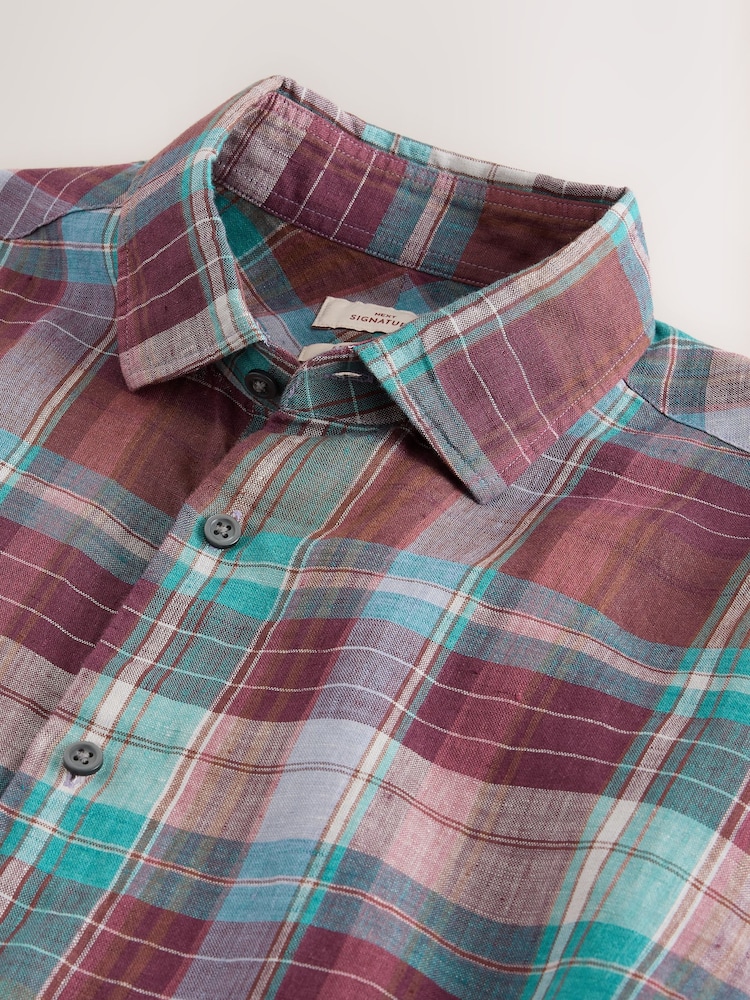 Purple/Green Signature Linen Check Short Sleeve Smart Shirt - Image 8 of 8 Purple/Green Signature Linen Check Short Sleeve Smart Shirt - Image 8 of 8