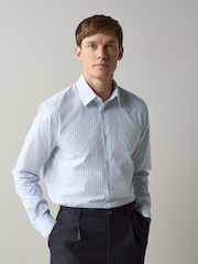 White/Blue Stripe Regular Fit Cotton Trimmed Textured Smart Shirt - Image 1 of 8