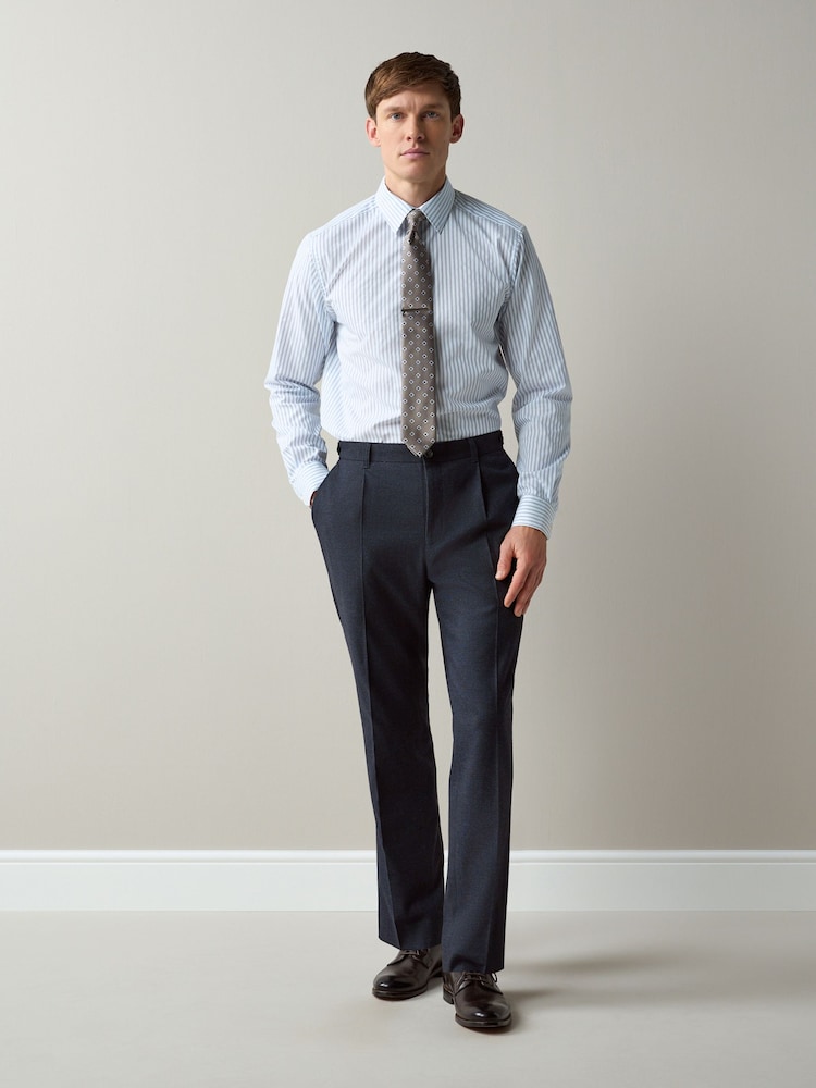 White/Blue Stripe Regular Fit Cotton Trimmed Textured Smart Shirt - Image 2 of 8