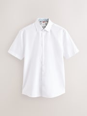 Bianco - Short Sleeve 100% Cotton Smart Textured Trimmed Shirt - Immagine 1 di 3
