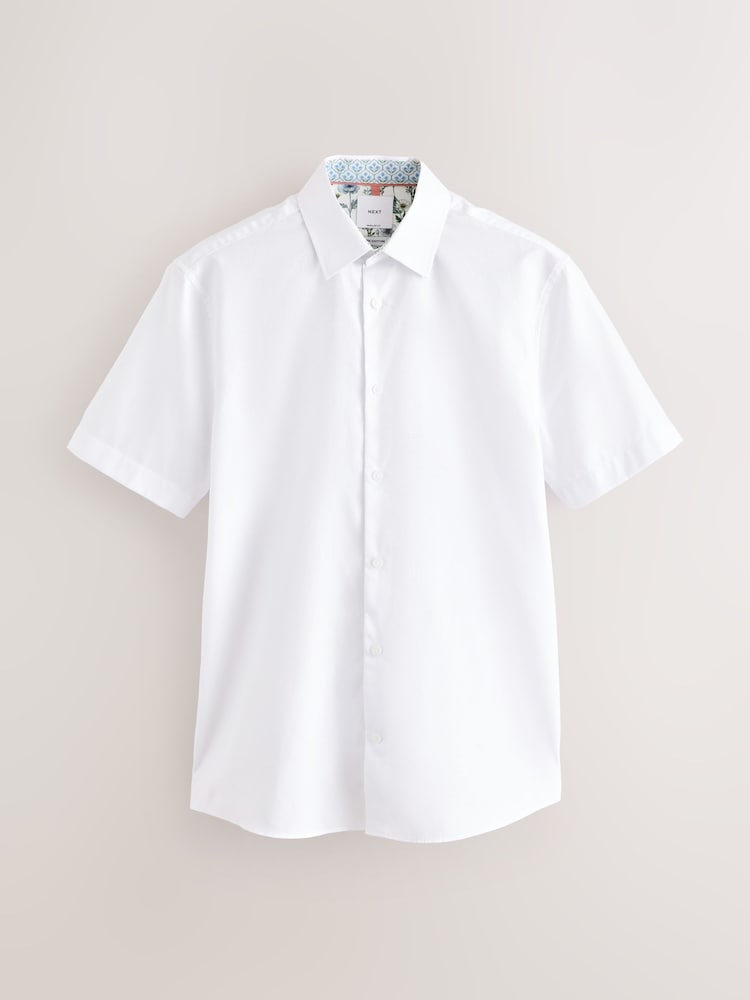 Bianco - Short Sleeve 100% Cotton Smart Textured Trimmed Shirt - Immagine 1 di 3