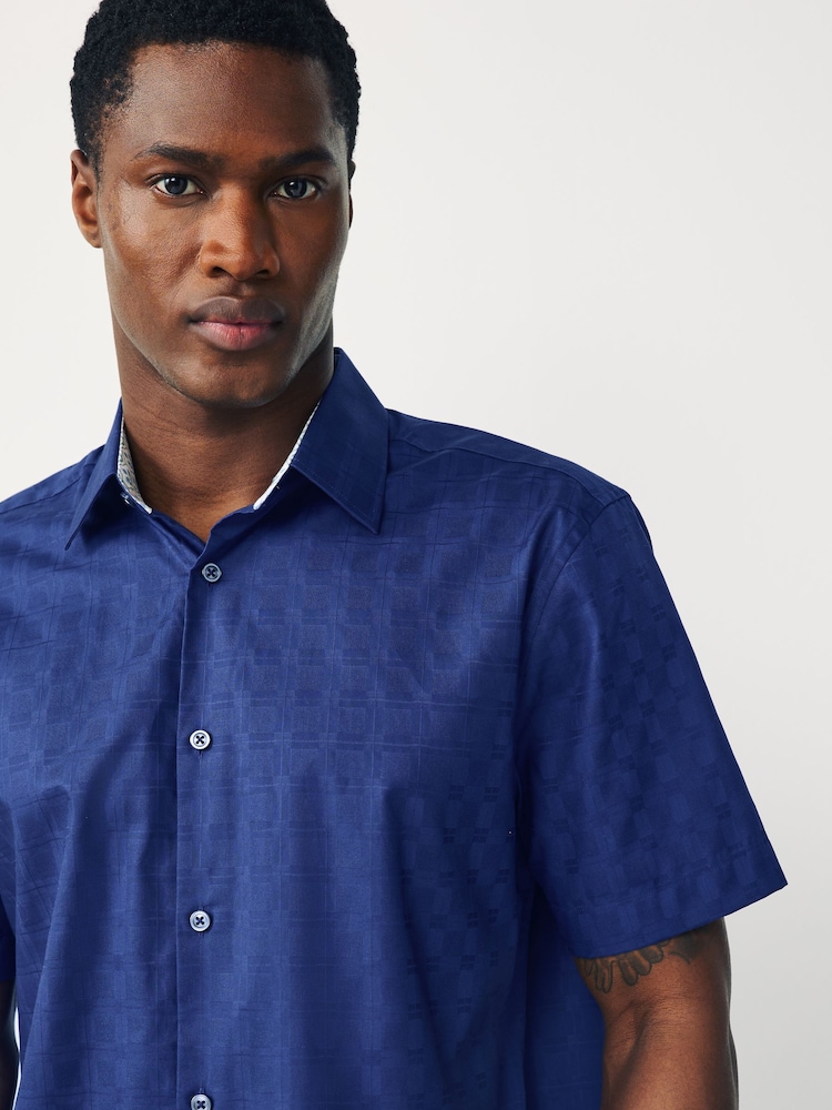 sapphire blue mens dress shirt Mens Next Sapphire Blue Regular Fit Short Sleeve 100% Cotton Smart Textured Trimmed Shirt XS