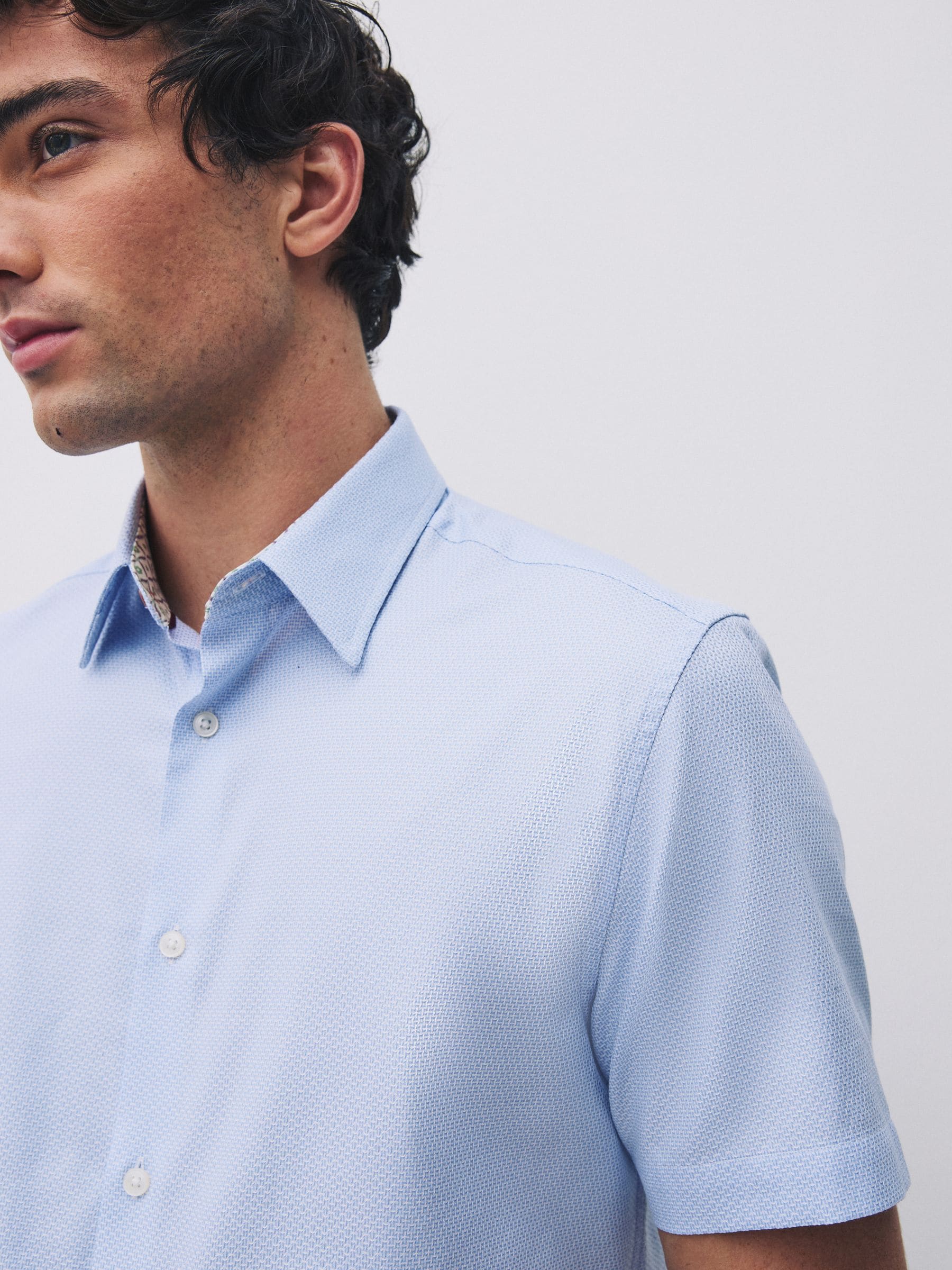 Buy Light Blue Regular Fit Short Sleeve 100% Cotton Smart Textured