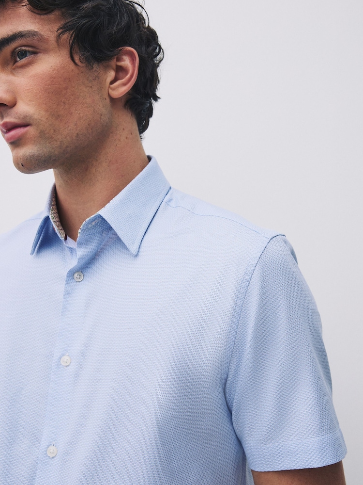 Celeste - Short Sleeve 100% Cotton Smart Textured Trimmed Shirt - Immagine 1 di 7