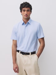 Celeste - Short Sleeve 100% Cotton Smart Textured Trimmed Shirt - Immagine 2 di 7