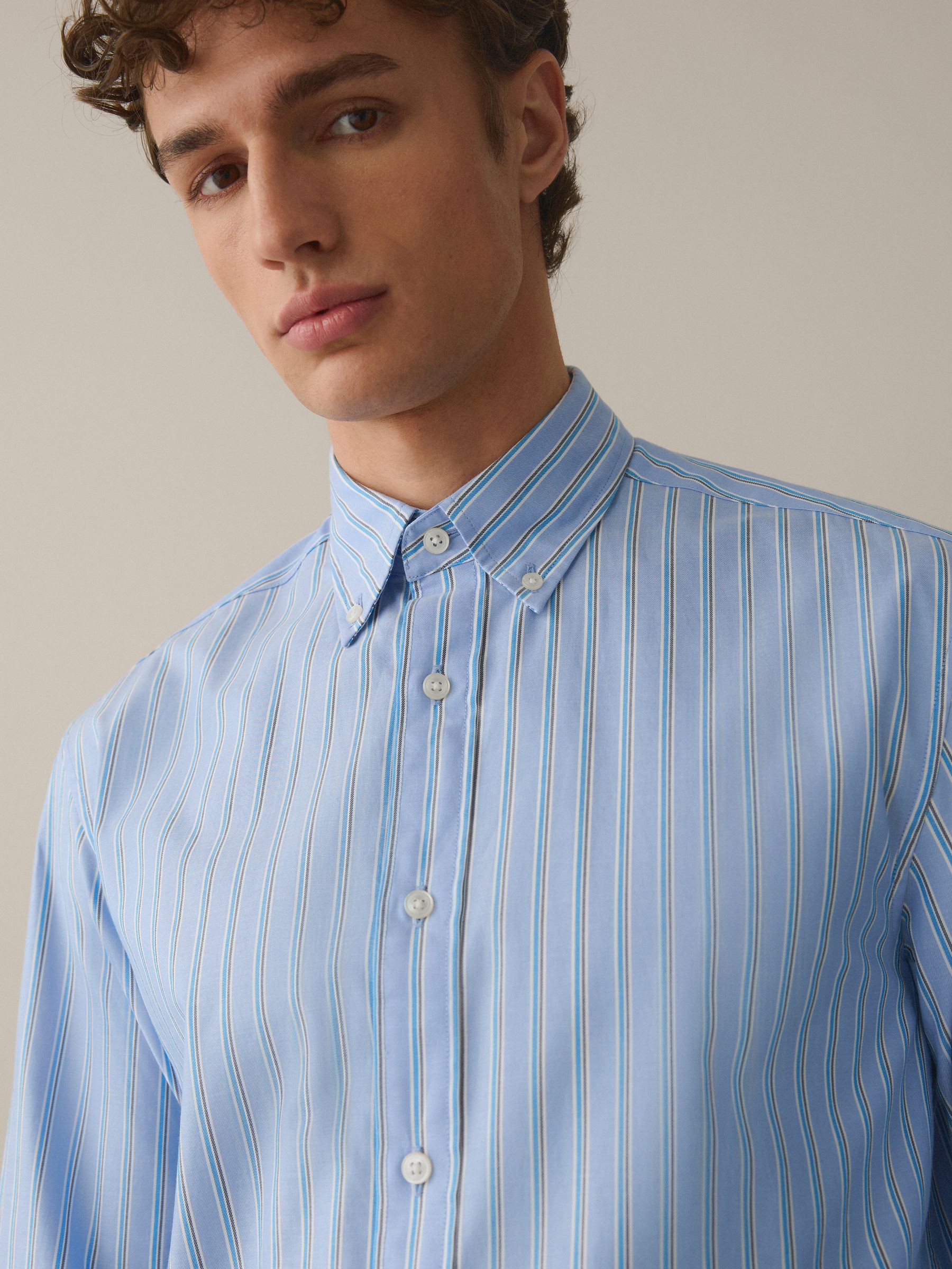 Buy Blue Regular Fit 100% Cotton N.Premium Long Sleeve Stripe