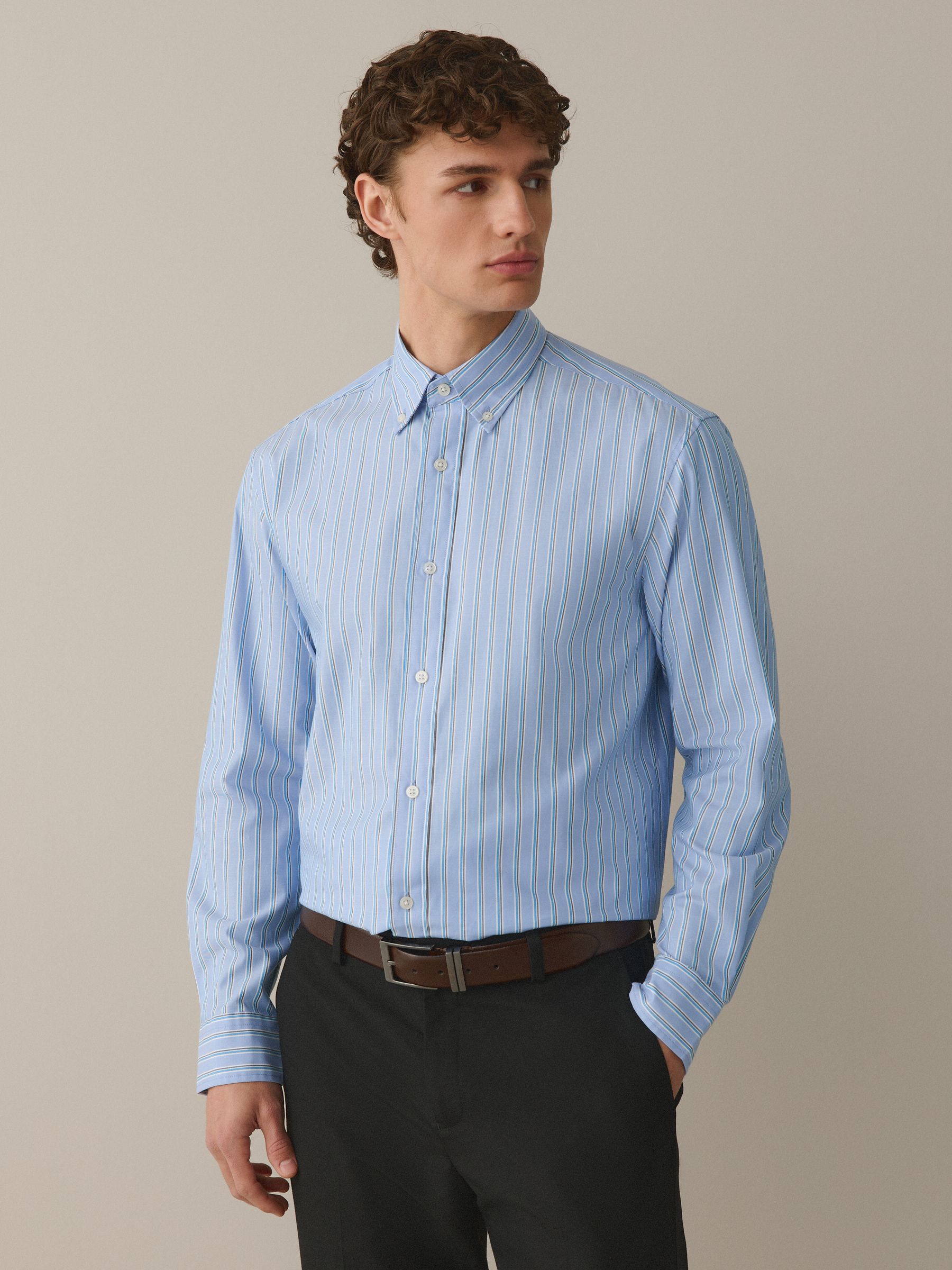 Buy Blue Regular Fit 100% Cotton N.Premium Long Sleeve Stripe