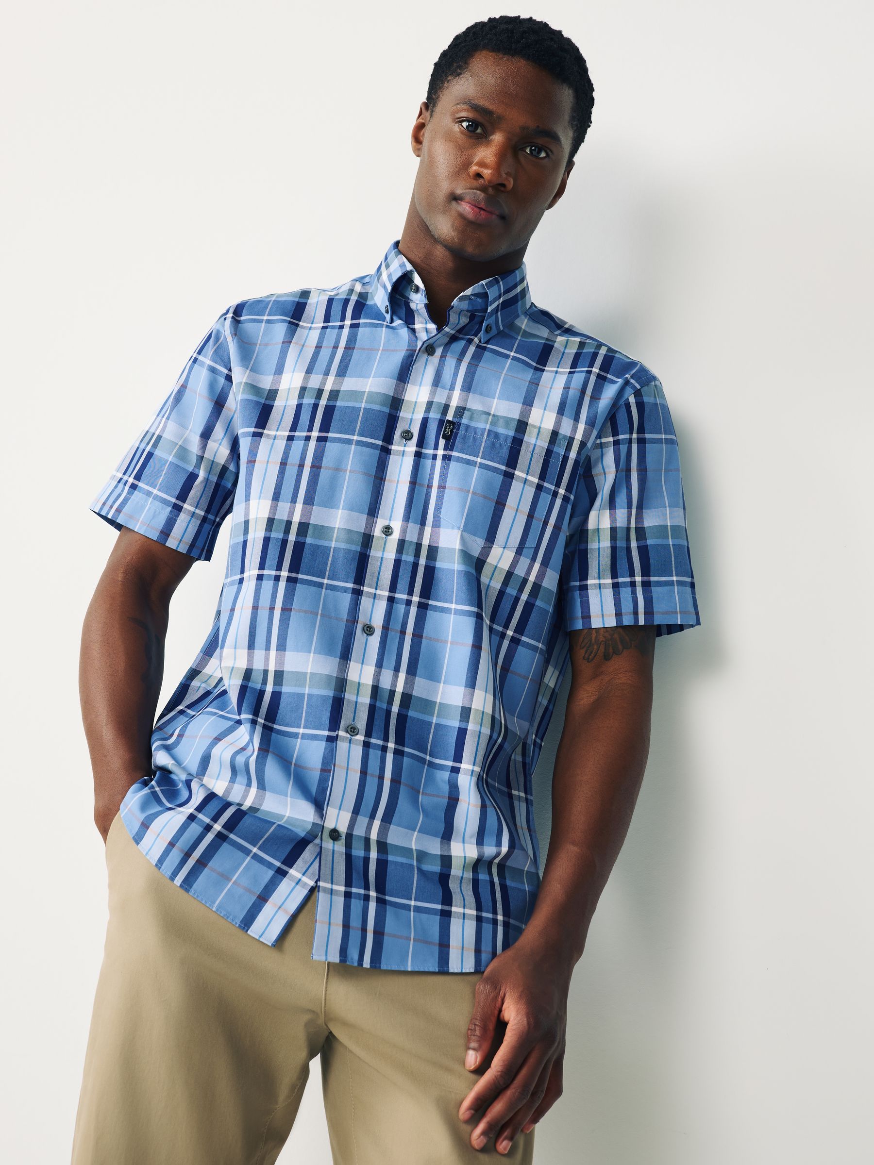 Buy Blue Madras Check Regular Fit Easy Iron Button Down Short