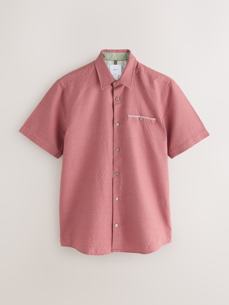Rose Pink Slim Fit Cotton Linen Blend Short Sleeve Trimmed Shirt - Image 1 of 3 Rose Pink Slim Fit Cotton Linen Blend Short Sleeve Trimmed Shirt - Image 1 of 3