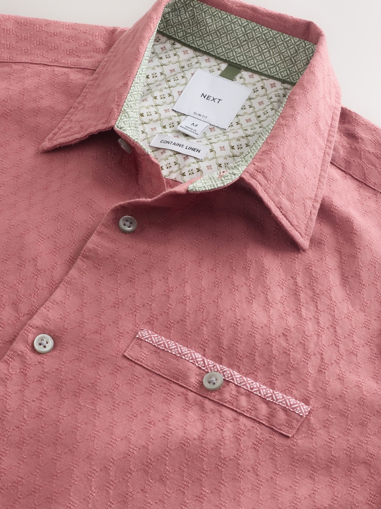 Rose Pink Slim Fit Cotton Linen Blend Short Sleeve Trimmed Shirt - Image 3 of 3 Rose Pink Slim Fit Cotton Linen Blend Short Sleeve Trimmed Shirt - Image 3 of 3