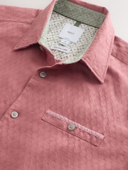Rose Pink Slim Fit Cotton Linen Blend Short Sleeve Trimmed Shirt - Image 7 of 7