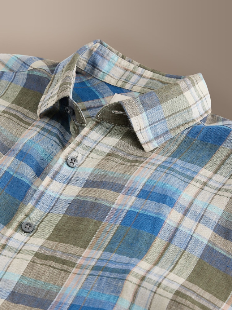 Green/Blue Signature Linen Check Short Sleeve Smart Shirt - Image 3 of 3 Green/Blue Signature Linen Check Short Sleeve Smart Shirt - Image 3 of 3