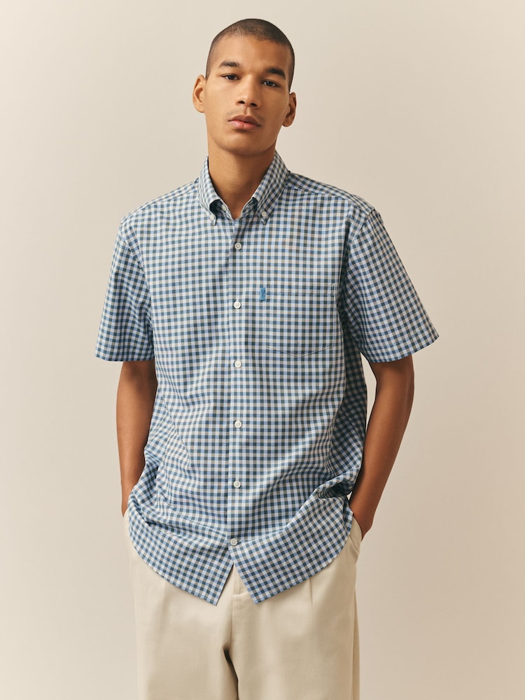 Blue Gingham Regular Fit Easy Iron Button Down Short Sleeve Oxford Shirt - Image 1 of 8 Blue Gingham Regular Fit Easy Iron Button Down Short Sleeve Oxford Shirt - Image 1 of 8