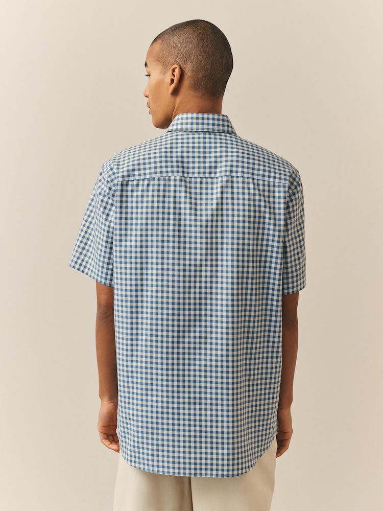 Blue Gingham Regular Fit Easy Iron Button Down Short Sleeve Oxford Shirt - Image 2 of 8 Blue Gingham Regular Fit Easy Iron Button Down Short Sleeve Oxford Shirt - Image 2 of 8