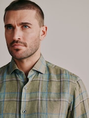 Green/Pink Check Regular Fit Signature Linen Long Sleeve Smart Shirt - Image 4 of 8