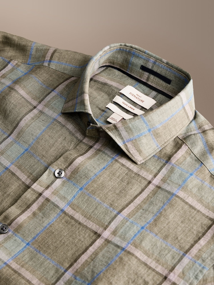 Green/Pink Check Regular Fit Signature Linen Long Sleeve Smart Shirt - Image 8 of 8