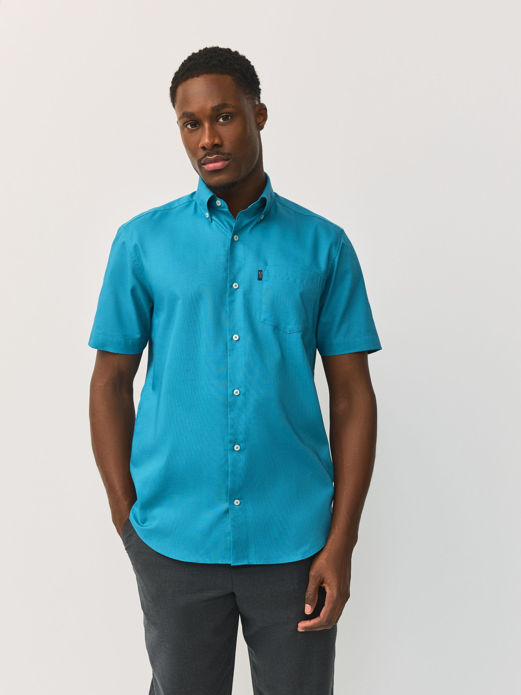Buy Teal Blue Regular Fit Short Sleeve Easy Iron Button Down