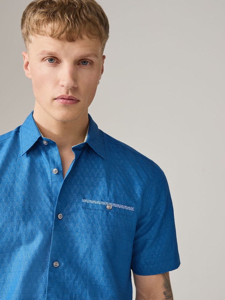 أزرق - Cotton Linen Blend Short Sleeve Trimmed Shirt - Image 1 of 7