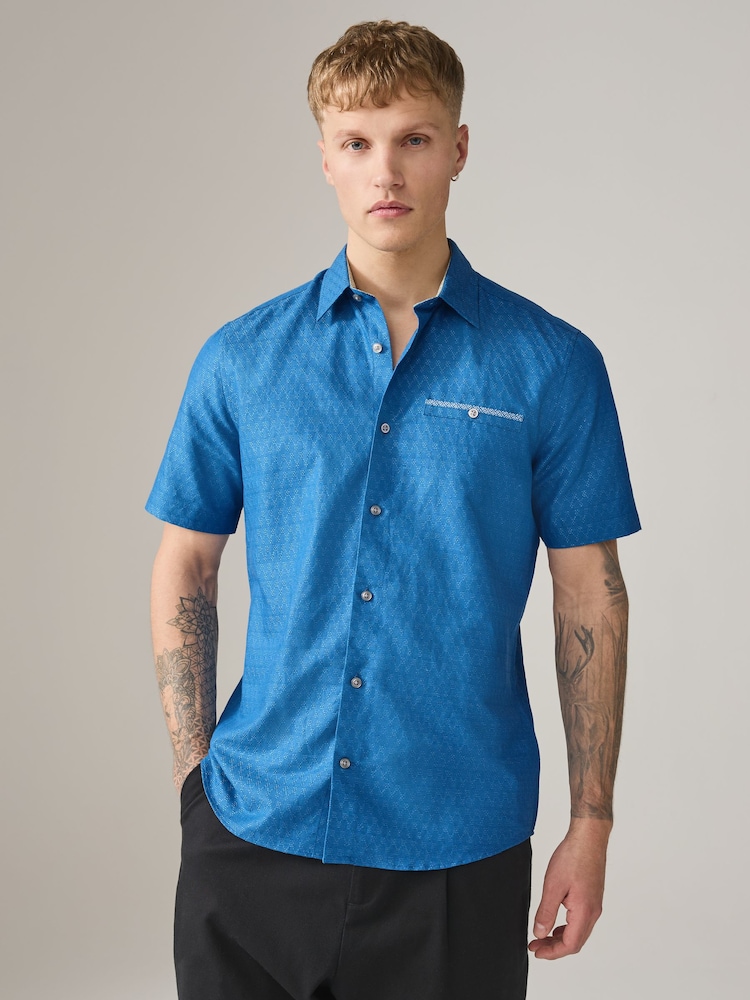 أزرق - Cotton Linen Blend Short Sleeve Trimmed Shirt - Image 2 of 7