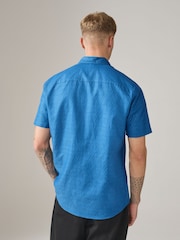 أزرق - Cotton Linen Blend Short Sleeve Trimmed Shirt - Image 3 of 7