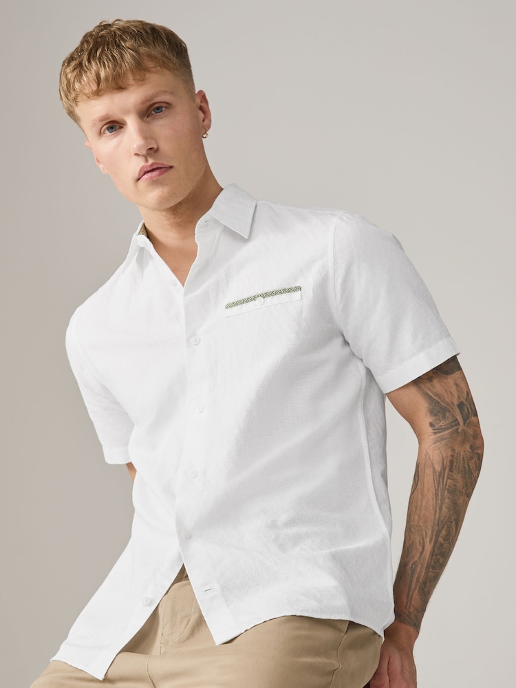 Mens Next White Slim Fit Cotton Linen Blend Short Sleeve Trimmed Shirt XL Mens Next White Slim Fit Cotton Linen Blend Short Sleeve Trimmed Shirt XL