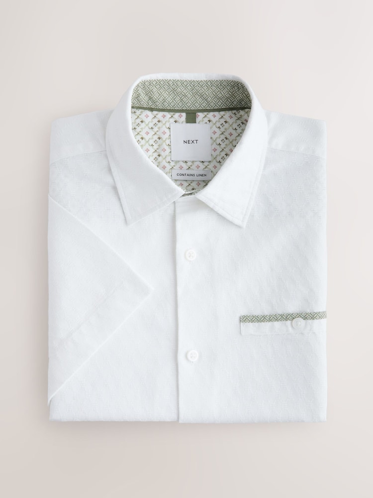 Mens Next White Slim Fit Cotton Linen Blend Short Sleeve Trimmed Shirt XL