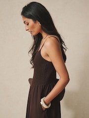 Chocolate Brown Maxi Square Neck Shirred Strappy Dress - Image 4 of 7