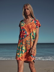Orange Graphic Cap Sleeve V-Neck Mini Dress - Image 1 of 7