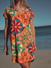 Orange Graphic Cap Sleeve V-Neck Mini Dress - Image 2 of 7