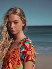 Orange Graphic Cap Sleeve V-Neck Mini Dress - Image 4 of 7